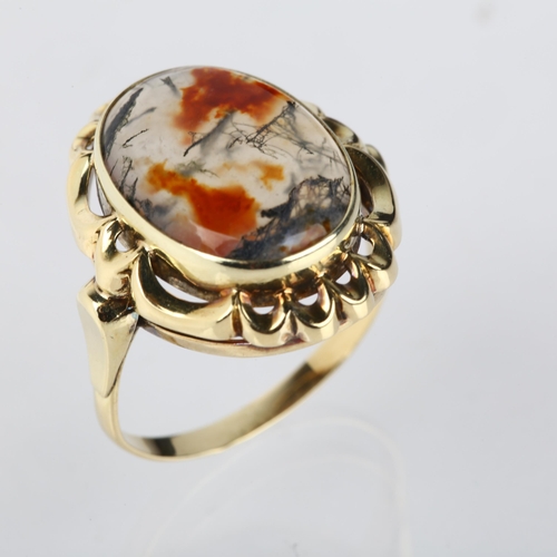 1220 - A Continental 14ct gold moss agate dress ring, rub-over set with oval cabochon agate, setting height... 