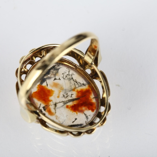 1220 - A Continental 14ct gold moss agate dress ring, rub-over set with oval cabochon agate, setting height... 