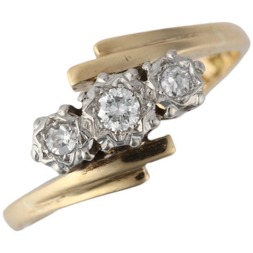 1225 - An 18ct gold three stone diamond crossover ring, platinum illusion set with modern round brilliant-c... 