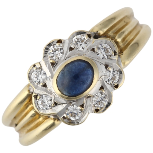 1227 - A 14ct gold sapphire and cubic zirconia flowerhead cluster ring, rub-over set with oval cabochon sap... 