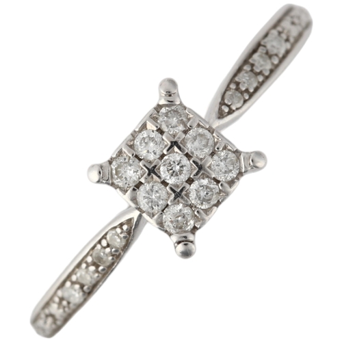 1230 - A modern 9ct white gold diamond square cluster ring, pave set with modern round brilliant-cut diamon... 