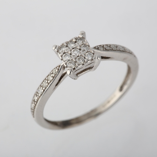 1230 - A modern 9ct white gold diamond square cluster ring, pave set with modern round brilliant-cut diamon... 