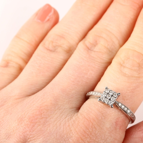 1230 - A modern 9ct white gold diamond square cluster ring, pave set with modern round brilliant-cut diamon... 