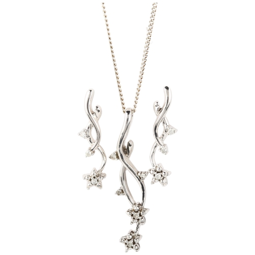 1231 - A sterling silver and diamond floral pendant necklace and earring set, by White Ice, pendant 30.6mm,... 