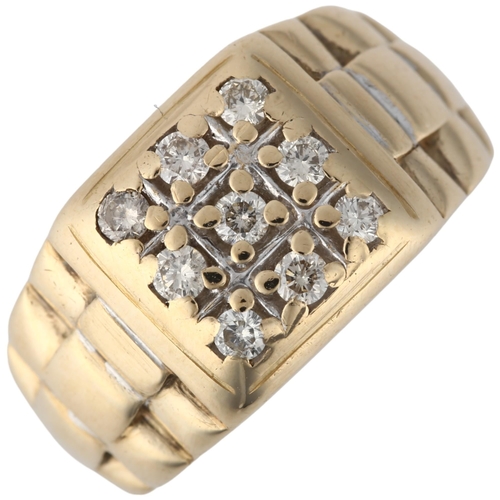 1234 - A large 9ct gold diamond signet ring, claw set with modern round brilliant-cut diamonds with Rolex s... 