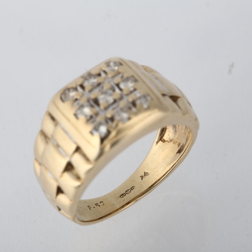 1234 - A large 9ct gold diamond signet ring, claw set with modern round brilliant-cut diamonds with Rolex s... 