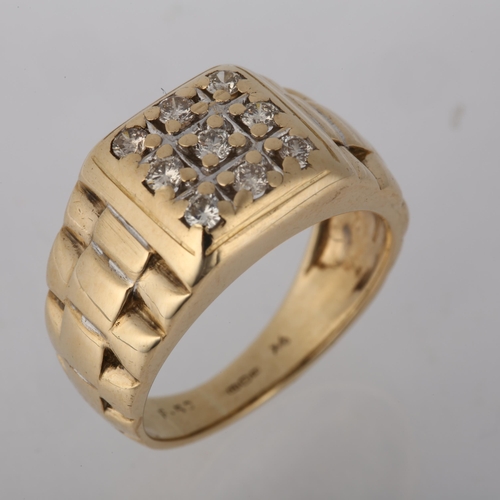 1234 - A large 9ct gold diamond signet ring, claw set with modern round brilliant-cut diamonds with Rolex s... 