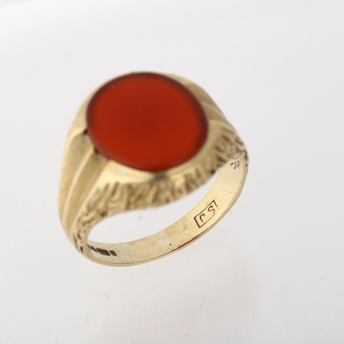 1239 - A 9ct gold carnelian signet ring, circa 1970s, setting height 17.5mm, size Q, 5.5g