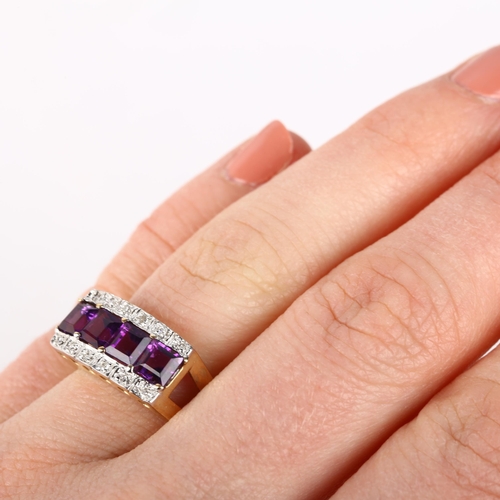 1241 - A modern 9ct gold amethyst and diamond dress ring, setting height 8.7mm, size L, 3.8g