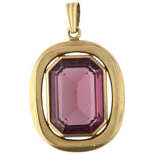 1242 - A late 20th century 9ct gold amethyst drop pendant, 35.8mm, 5.6g