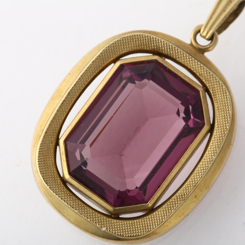 1242 - A late 20th century 9ct gold amethyst drop pendant, 35.8mm, 5.6g