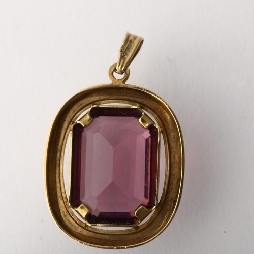 1242 - A late 20th century 9ct gold amethyst drop pendant, 35.8mm, 5.6g