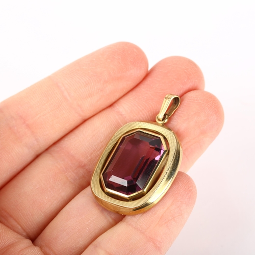 1242 - A late 20th century 9ct gold amethyst drop pendant, 35.8mm, 5.6g