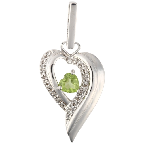 1244 - A modern 9ct white gold peridot and diamond heart cluster pendant, 41mm, 3.7g