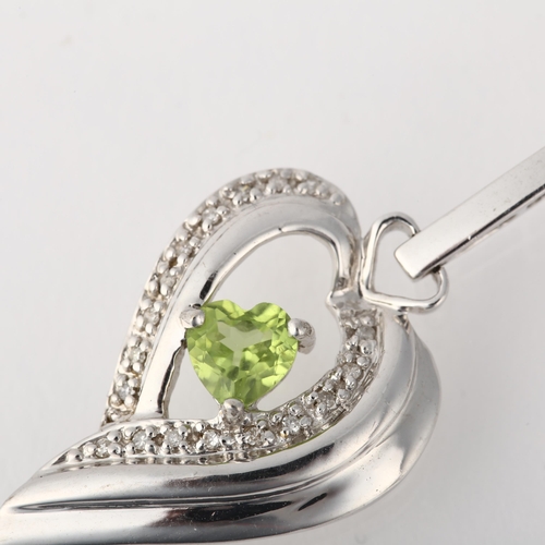 1244 - A modern 9ct white gold peridot and diamond heart cluster pendant, 41mm, 3.7g