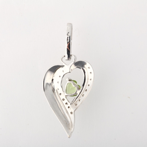 1244 - A modern 9ct white gold peridot and diamond heart cluster pendant, 41mm, 3.7g