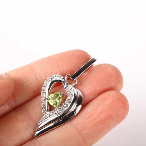 1244 - A modern 9ct white gold peridot and diamond heart cluster pendant, 41mm, 3.7g