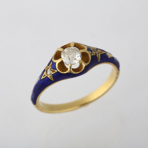 1246 - A 19th century 0.2ct solitaire diamond and blue enamel ring, circa 1880, the central old-cut diamond... 