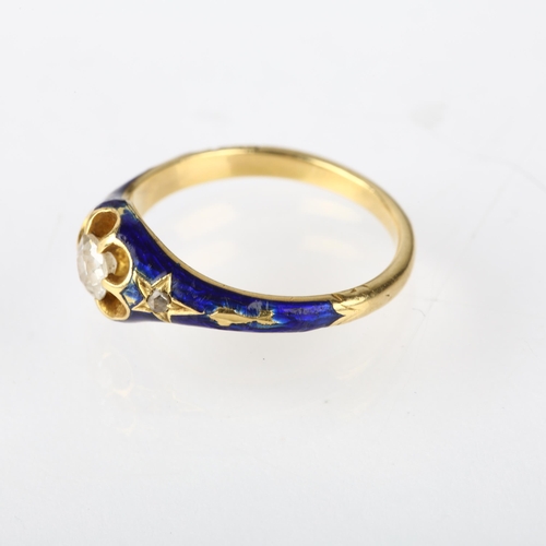 1246 - A 19th century 0.2ct solitaire diamond and blue enamel ring, circa 1880, the central old-cut diamond... 