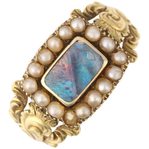 1248 - A Georgian opal doublet? and split pearl cluster mourning ring, circa 1820, the central panel with o... 