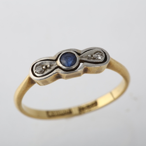 1251 - An Art Deco 18ct gold three stone sapphire and diamond bow tie ring, maker A Brothers, setting heigh... 