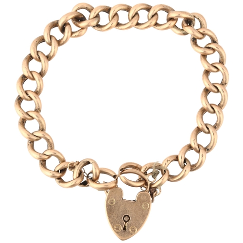 1255 - An early 20th century 9ct rose gold hollow curb link chain bracelet, with 9ct heart padlock clasp, 1... 