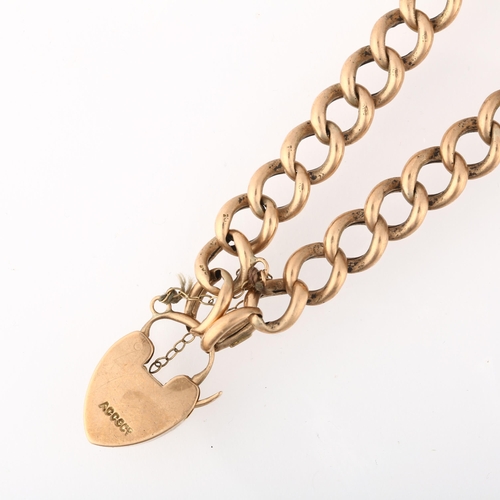 1255 - An early 20th century 9ct rose gold hollow curb link chain bracelet, with 9ct heart padlock clasp, 1... 