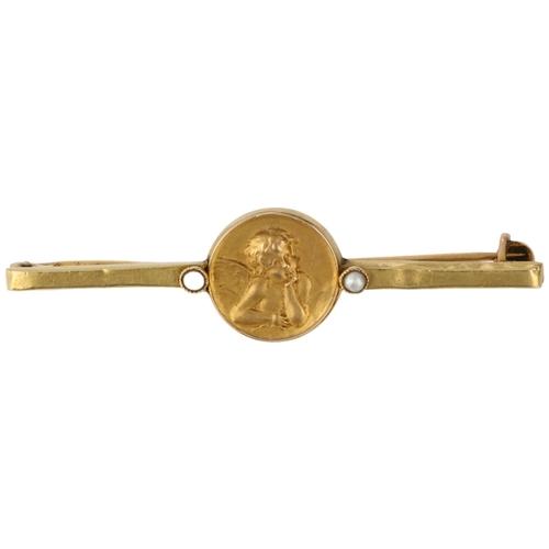 1258 - A Continental split pearl cherub bar brooch, apparently unmarked, 40.7mm, 1.4g