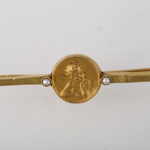 1258 - A Continental split pearl cherub bar brooch, apparently unmarked, 40.7mm, 1.4g