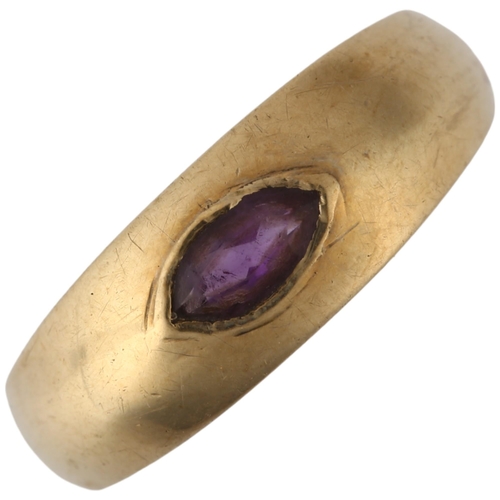 1260 - A late 20th century 9ct gold amethyst gypsy ring, rub-over set with marquise-cut amethyst, setting h... 