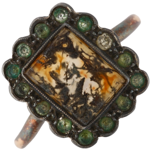 1261 - A mid-20th century 9ct rose gold moss agate and green paste rectangular cluster ring, setting height... 