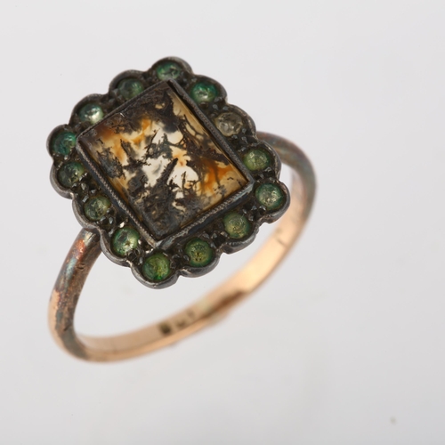 1261 - A mid-20th century 9ct rose gold moss agate and green paste rectangular cluster ring, setting height... 