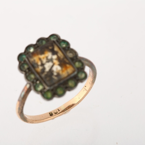 1261 - A mid-20th century 9ct rose gold moss agate and green paste rectangular cluster ring, setting height... 