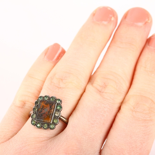 1261 - A mid-20th century 9ct rose gold moss agate and green paste rectangular cluster ring, setting height... 