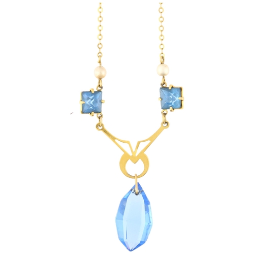 1263 - An Art Deco 9ct gold blue paste and pearl drop necklace, 38cm, 3g