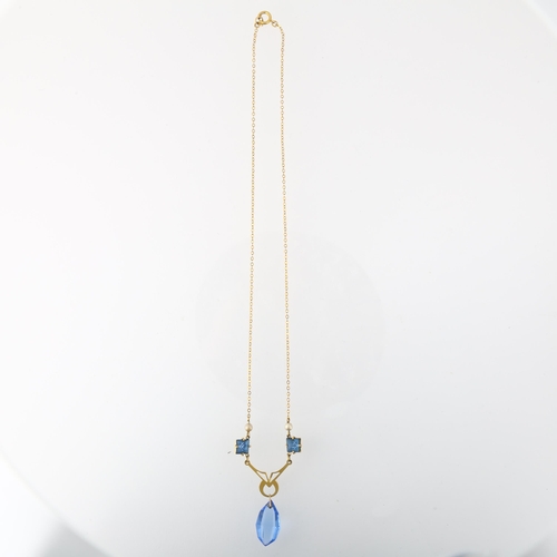 1263 - An Art Deco 9ct gold blue paste and pearl drop necklace, 38cm, 3g