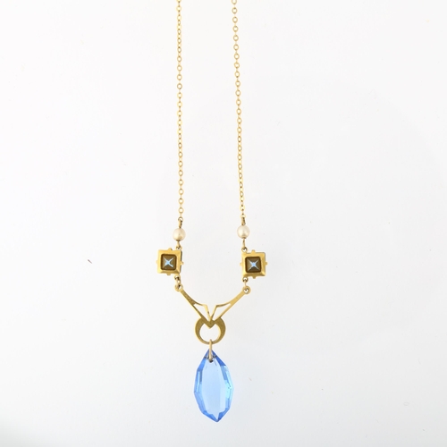 1263 - An Art Deco 9ct gold blue paste and pearl drop necklace, 38cm, 3g