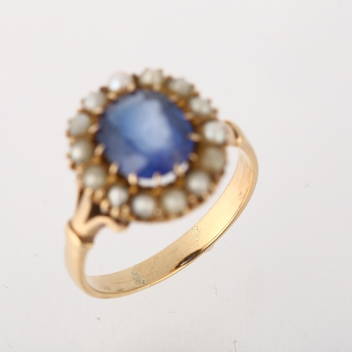 1265 - An early 20th century blue paste and pearl cluster ring, apparently unmarked, setting height 14.2mm,... 