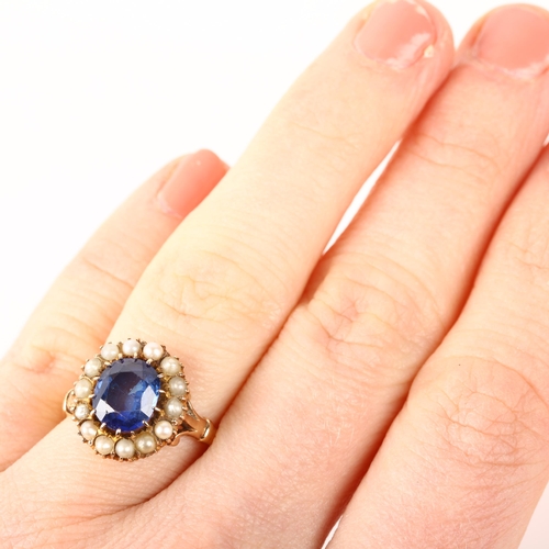 1265 - An early 20th century blue paste and pearl cluster ring, apparently unmarked, setting height 14.2mm,... 