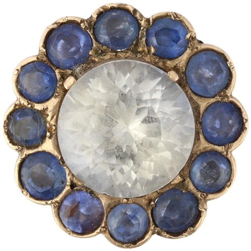 1266 - A large late 20th century synthetic sapphire flowerhead cluster ring, set with round-cut white and b... 