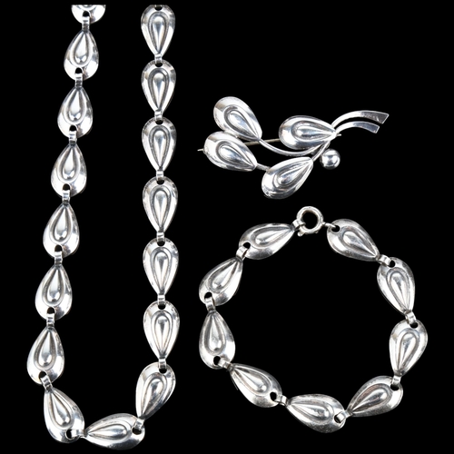 1362 - HERMANN SIERSBOL - a Danish modernist sterling silver teardrop demi-parure, comprising necklace (41c... 