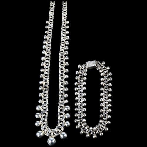 1381 - A Danish silver double curb link ball fringe necklace and bracelet set, 42cm and 19cm, 36.7g total (... 