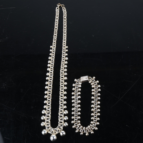 1381 - A Danish silver double curb link ball fringe necklace and bracelet set, 42cm and 19cm, 36.7g total (... 