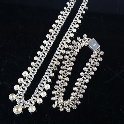 1381 - A Danish silver double curb link ball fringe necklace and bracelet set, 42cm and 19cm, 36.7g total (... 