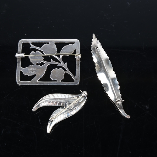 1382 - 3 Danish silver floral brooches, makers include Anton Michelsen, largest 68.8mm, 20.9g total (3)