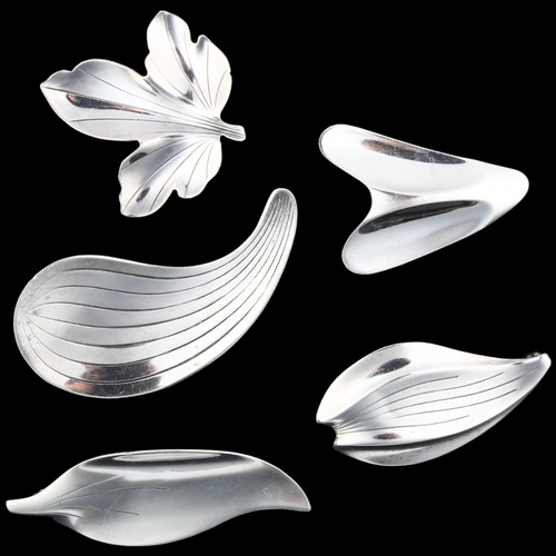 1390 - 5 Danish modernist sterling silver abstract brooches, makers include Hermann Siersbol, largest 60mm,... 