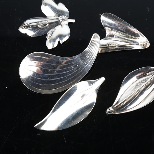 1390 - 5 Danish modernist sterling silver abstract brooches, makers include Hermann Siersbol, largest 60mm,... 