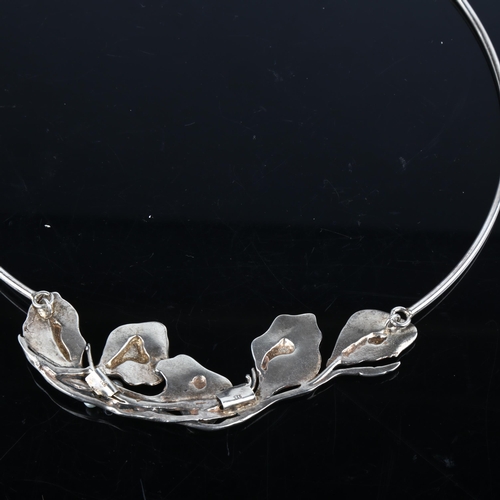 1393 - A Danish modernist sterling silver and pearl naturalistic torque necklace, unsigned, internal circum... 