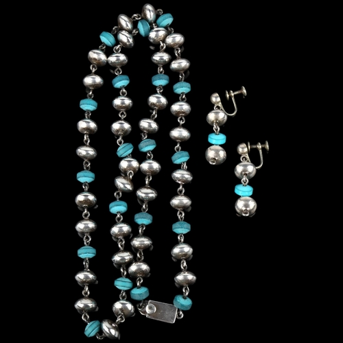 1394 - A Mexican sterling silver and turquoise necklace and earring set, maker ERE, necklace 70cm, earrings... 