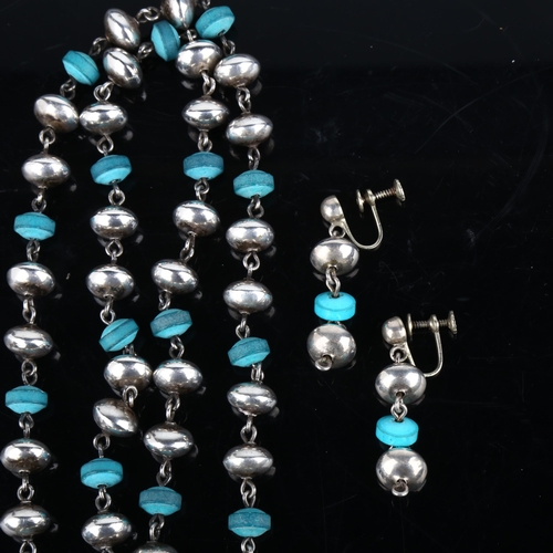 1394 - A Mexican sterling silver and turquoise necklace and earring set, maker ERE, necklace 70cm, earrings... 